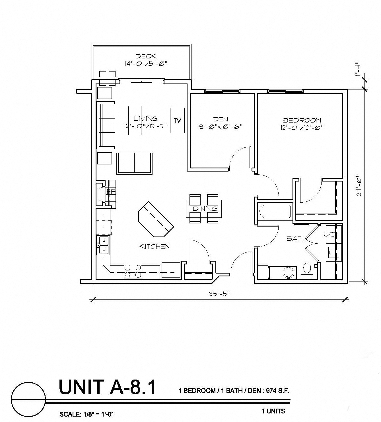 Floor plan for 1 bed, 1 bath, 980 sqft